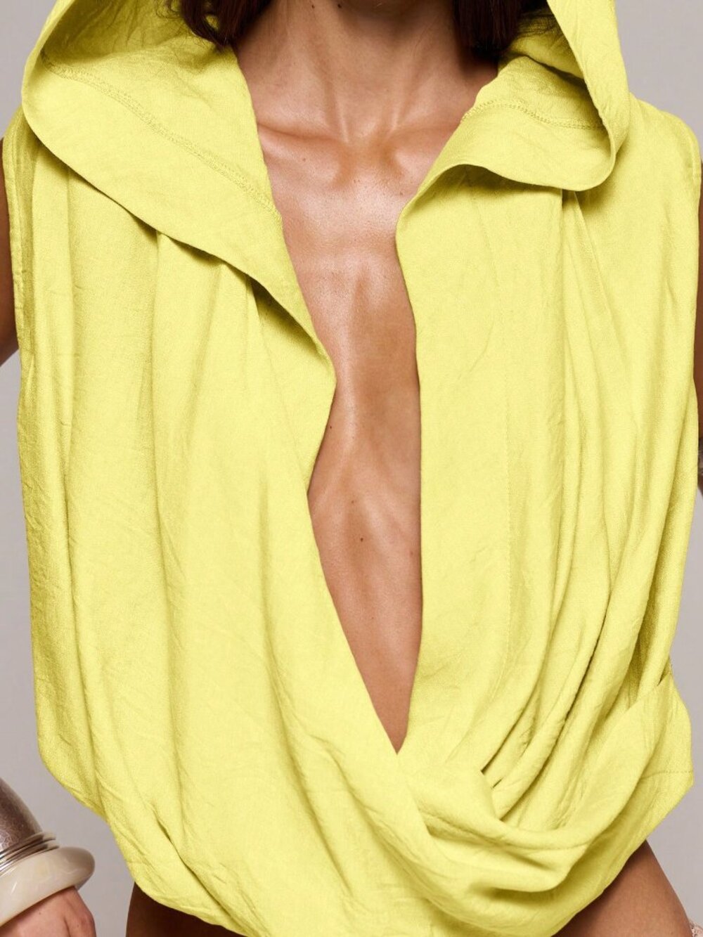 Yellow Casual Women's Textured Linen Cowl Hooded Top with Plunge Neck - Picture 6 of 6